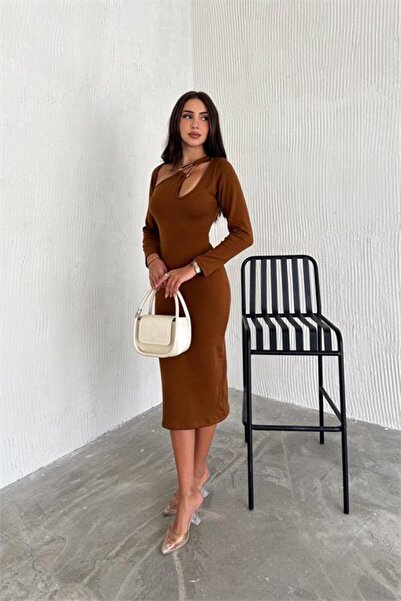 Dipmoda bronzant pentru femei detaliu la guler rochie tricotată DPK2219