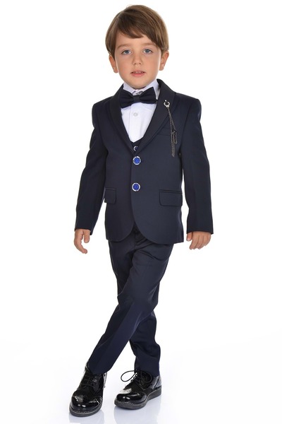 Mnk Ceketli Yelekli Erkek Çocuk Damatlık Takım Elbise MNK0274 LACİVERT