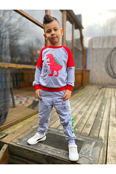 Mnk Baby&Kids Dinozor Motif İkiiplik Kumaş Çocuk Eşofman MNK0564 KIRMIZI