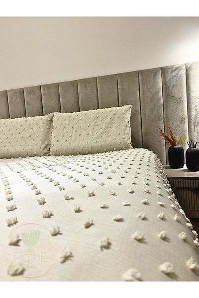 Perdeplus Modern Plain Dowry Bedspread - Linen Look, Pompom, 240X250
