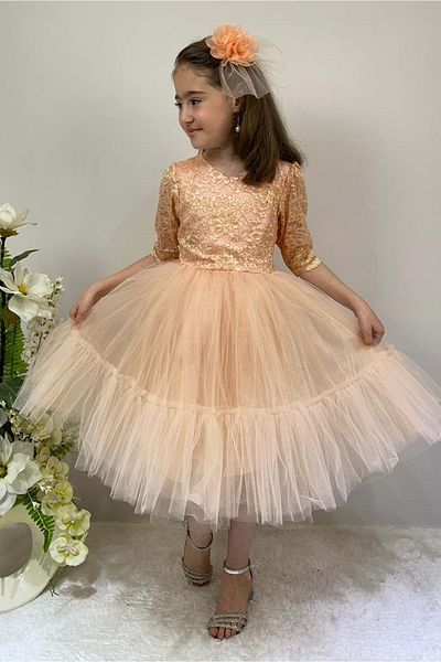 Mnk Cordone Lace Back Zippered Girl's Tutu Evening Dress Salmon