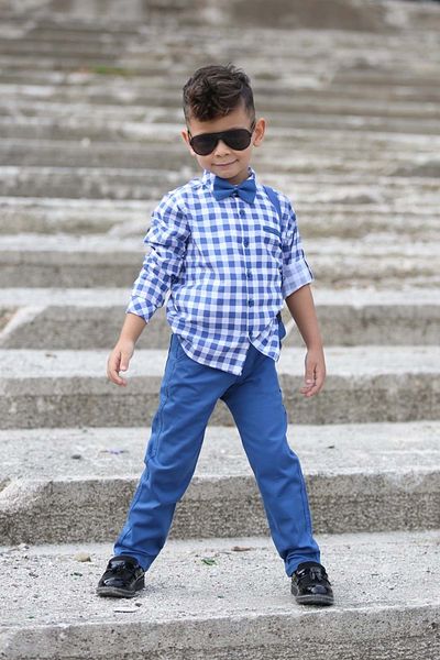 Mnk Baby&Kids Plaid Pattern Gabardine Trousers Suspender Children's Suit Mnk0436 Indigo