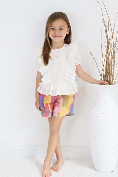 Mnk Baby&Kids Scalloped Butterfly Motif Shorts Cotton Woven Girl's Suit TF7352 ECRU