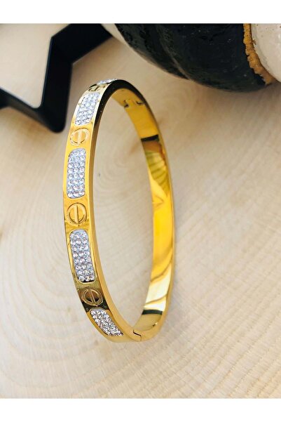 ACAR TAKI Gold Renk Taşlı Cartier Çelik Kelepçe 316l5784