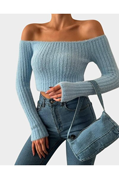 Lavinza Omzu Açık  Kayık Yaka Crop Sakallı Triko Bluz