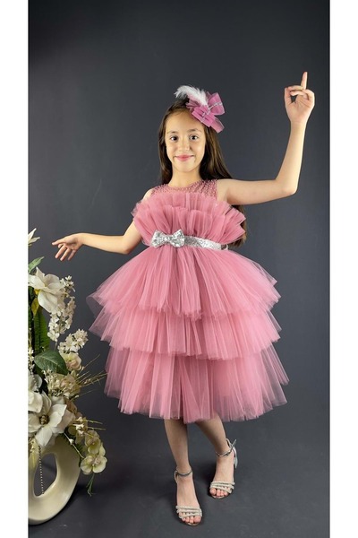 Mnk Baby&Kids Katkat Tüllü Buket Model Kız Çocuk Özel Gün Abiye PEMBE