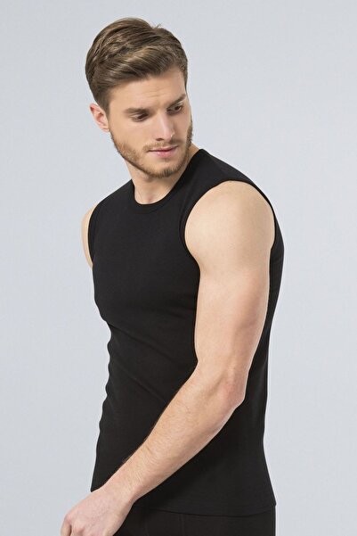 TÜREN Black Men's Sports Undershirt - 134 Models, Pack of 2, O-Neck Rib