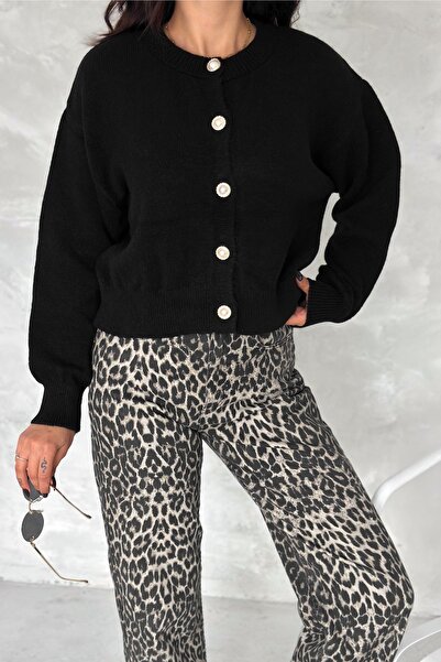 FEMELLE Women's Black Standard Size Pearl Button Short Knitwear Cardigan