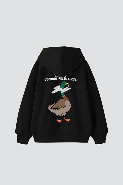 Sekizbiraltı Унисекс първокласен черен суичър с качулка - щампа Ducking Relentless, голям размер