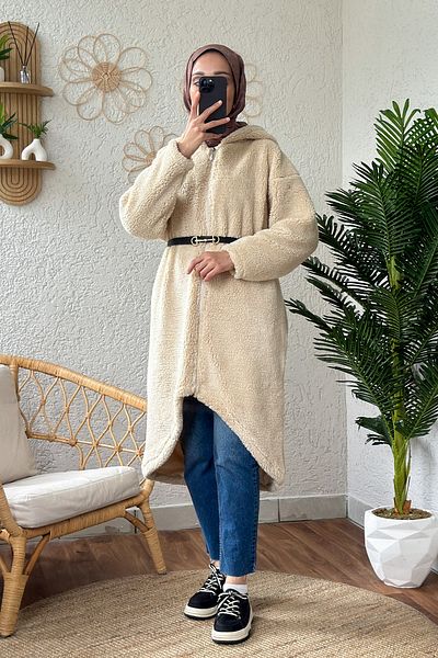 Salih Çelebi 2183 Model - Stone Color Long Plush Hooded Cap