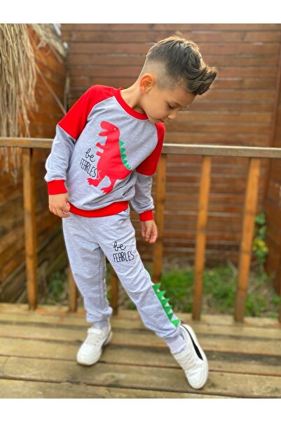 Mnk Baby&Kids Dinozor Motif İkiiplik Kumaş Çocuk Eşofman MNK0564 KIRMIZI