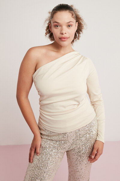 ETHIQUET Μπλούζα Estee Beige Plus Size - One Shoulder, Strechy Texture, Drape Detailed, Asymmetrical Collar