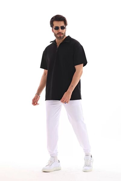 babatr.com Unisex Μπλουζάκι με μισό φερμουάρ ίσιο oversize - Μαύρο