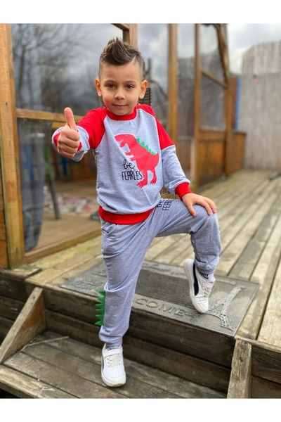 Mnk Baby&Kids Dinozor Motif İkiiplik Kumaş Çocuk Eşofman MNK0564 KIRMIZI