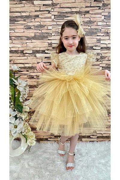 Mnk Glitter Lace Girls' Evening Dress Yellow