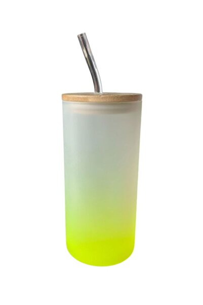 EyER Shoping كوب قهوة وعصير مع قش زجاجي أصفر وغطاء من الخيزران