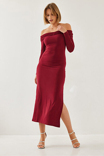 Bianco Lucci Women's Drape Detailed Madonna Collar Slit Dress 391 60251885