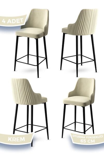 Canisa Tera Serisi 4 Krem Sandalye 65 Cm Ada Mutfak Bar Sandalyesi Babyface Kumaş Siyah Metal Ayaklı