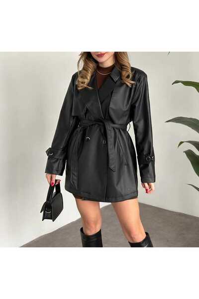NEVEGE BUTİK KADIN Siyah Suni Deri Kruvaze Yaka Kısa Trençkot