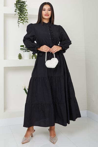 SENSTIL Front Ruffle Sleeve Tie up Dress Black Ss2078