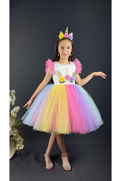 Mnk Pink Girl's Party Dress with Colorful Skirt and Crown