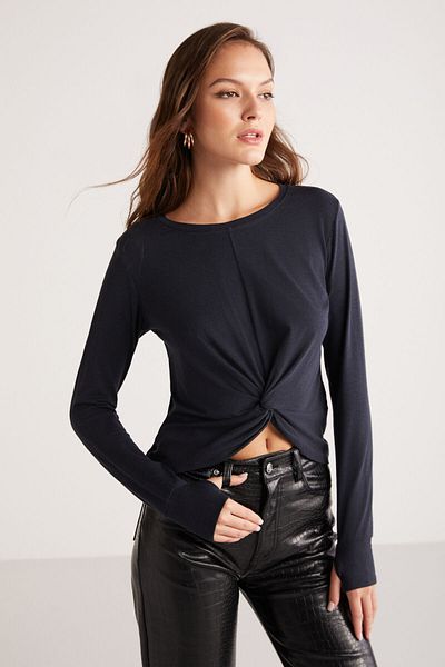 ETHIQUET Modest Genesis Γυναικεία Slim Fit Slim Fit μπλούζα από ανθρακί με στρογγυλή λαιμόκοψη με λεπτομέρεια με ραβδώσεις στο μπροστινό μέρος