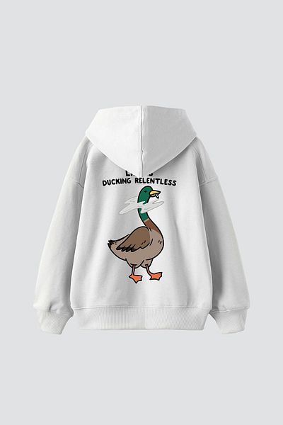 Sekizbiraltı Unisex Premium White Hoodie - Ducking Relentless Printed, Oversize