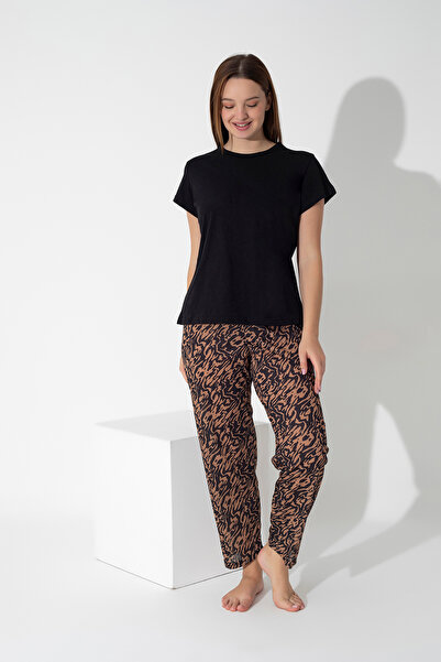 ModaLeaf Black Color Patterned Short Sleeve Pajamas Set 307