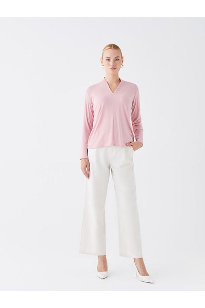 LC Waikiki Flache Damenbluse mit V-Ausschnitt und langen Ärmeln