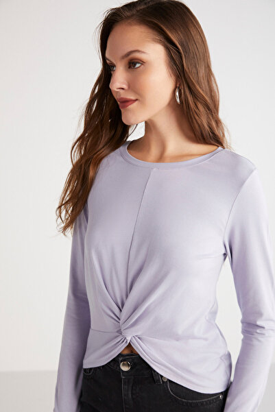 ETHIQUET Modest Genesis Women's Slim Fit Slim Fit Front Ribbed Drape Detailed Round Neck Crop Lilac Blouse