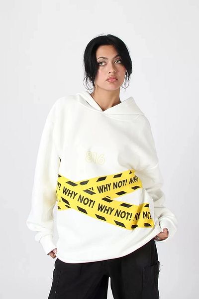 Sekizbiraltı Hanorac cu glugă unisex, alb, oversize, imprimat