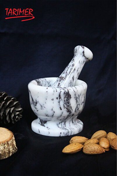 TARIMER Mermer Havan & Sarımsak Döveceği & Milas Beyaz Mermerden Küçük Boy Havan 8cm Yükseklik; 10cm Çap
