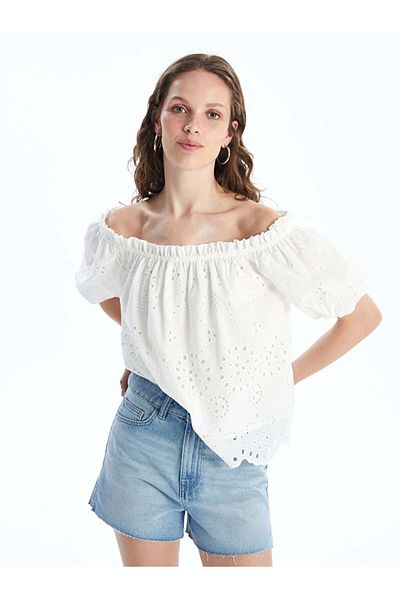 LC Waikiki LCW Damen Bluse mit Ballonärmeln und U-Boot-Ausschnitt