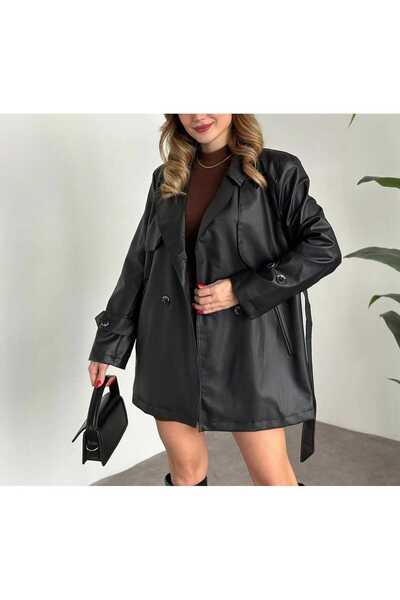 NEVEGE BUTİK KADIN Siyah Suni Deri Kruvaze Yaka Kısa Trençkot