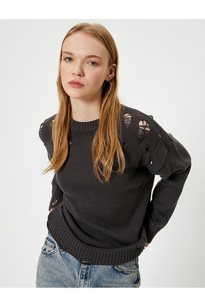 Koton Crew Neck Acrylic Blended Ripped Knitwear Sweater