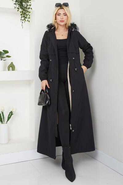 SENSTIL معطف كامل الطول مع فرو من الداخل أسود SS2331