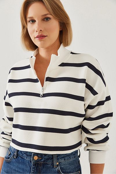 Bianco Lucci Damen-Crop-Sweatshirt mit Reißverschluss und Streifen 3224 60351182