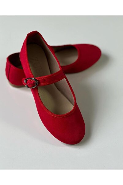 Zuum Beys Mary Jane Kadın Balerin Babet - Kırmızı Süet