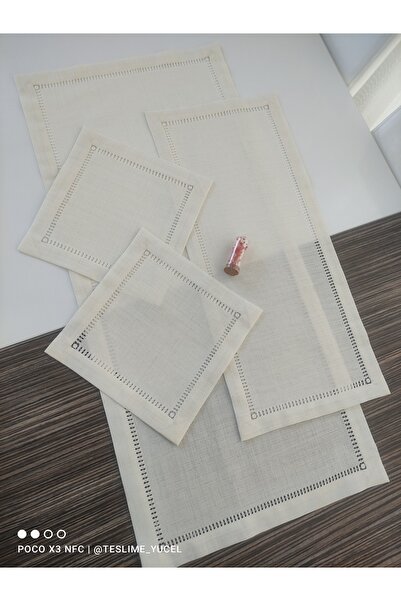 Etamin nakisim 4 parça salon takımı. Runer, konsol ve 2 peçete. Krem renk. Şeker antika