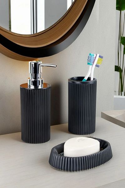 Lida Bathroom Set of 3 Round Line Model - Liquid Soap Dispenser, Toothbrush Holder, Solid Soap Dispenser