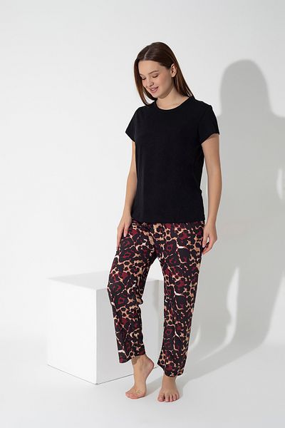 ModaLeaf Set de pijamale cu mânecă scurtă cu model de leopard, de culoare neagră, burgundă 309