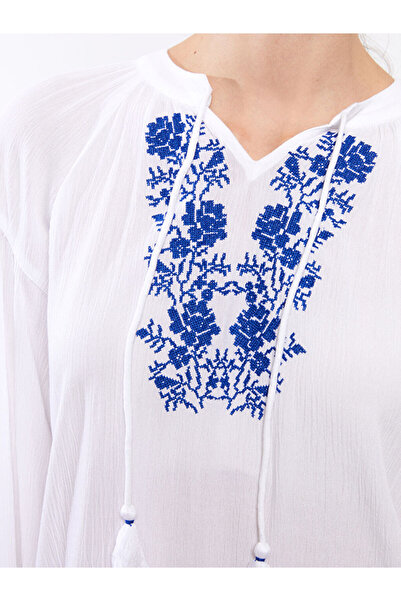 LC Waikiki Tie Collar Embroidered Long Sleeve Viscose Women's Blouse