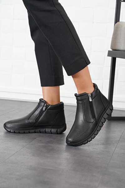 Moda Pie Aiden Çift Fermuarlı Hakiki Deri Kadın Bot Siyah Cilt