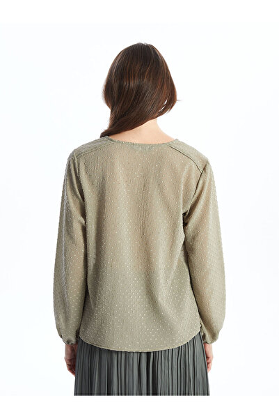 LC Waikiki Khaki Tie Neck Textured Women's Blouse