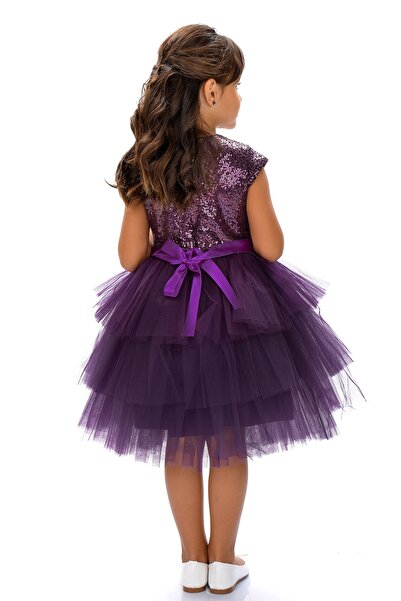 Mnk Girl's Sequined Tulle Party Dress Gathered Plum