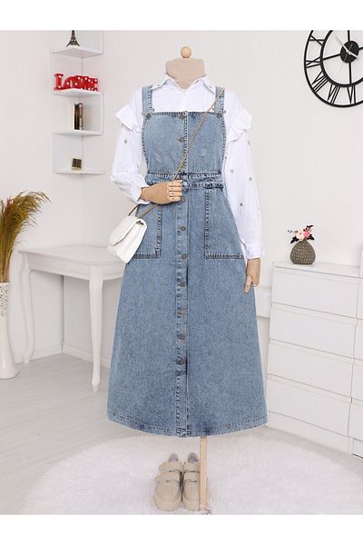 Modamorfo Salopet din denim albastru gheață - cu nasturi de lungime și buzunare duble