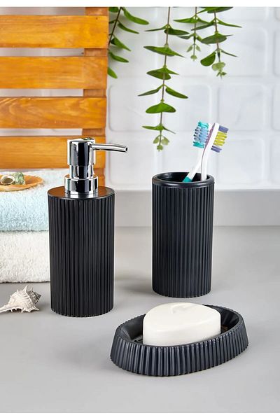 Lida Bathroom Set of 3 Round Line Model - Liquid Soap Dispenser, Toothbrush Holder, Solid Soap Dispenser