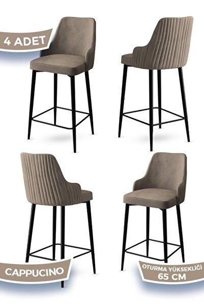 Canisa Tera Serisi 4 Cappucino Sandalye 65 Cm Ada Mutfak Bar Sandalyesi Babyface Kumaş Siyah Metal Ayaklı
