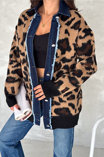 FEMELLE Women's Leopard Pattern Standard Size Denim Detailed Stone Button Design Oversize Knitwear Cardigan
