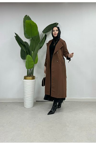 Tesettür Diyarı Torino Fabric 120cm Trenc - Back Slit Detail, Brown
